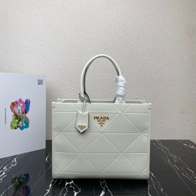 Prada Symbole Medium Bag with Topstitching in White Leather IAMBS242251