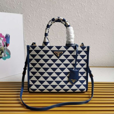 Prada Symbole Small Bag In White/Blue Jjacquard Fabric IAMBS242259