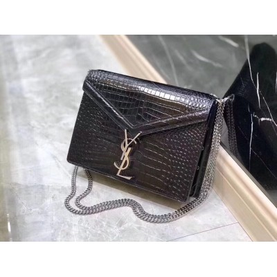 Saint Laurent Cassandra Clasp Bag In Black Croc-Embossed Leather IAMBS242351