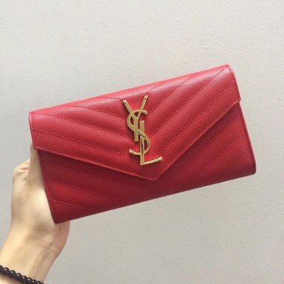 Saint Laurent Large Monogram Flap Wallet In Red Grained Leather IAMBS242723