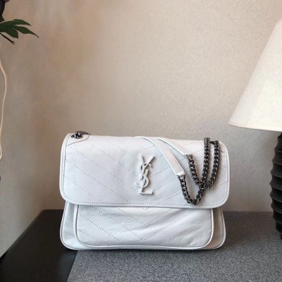 Saint Laurent Large Niki Chain Bag In White Crinkled Leather IAMBS242546