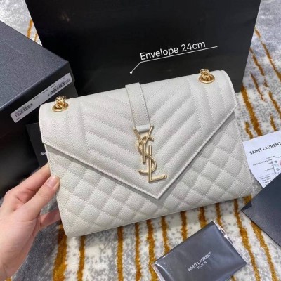 Saint Laurent Medium Envelope Bag In White Grained Leather IAMBS242411