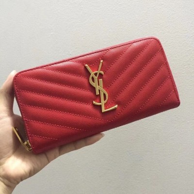 Saint Laurent Monogram Zip Around Wallet In Red Grained Leather IAMBS242727