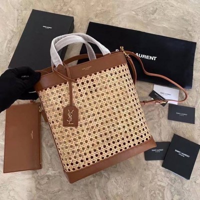 Saint Laurent N/S Toy Shopping Bag In Woven Cane And Leather IAMBS242619