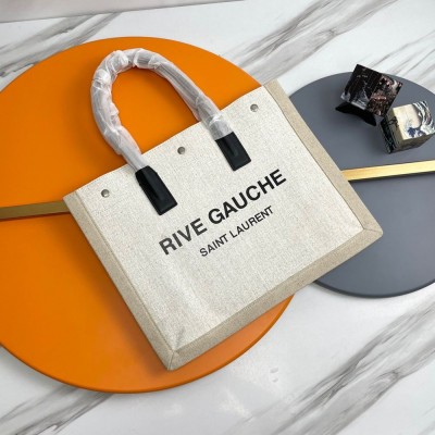 Saint Laurent Rive Gauche Small Tote Bag in White Linen and Leather IAMBS242688