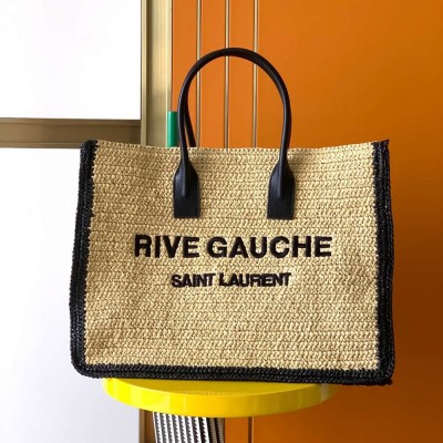 Saint Laurent Rive Gauche Tote Bag in Beige Raffia and Leather IAMBS242689