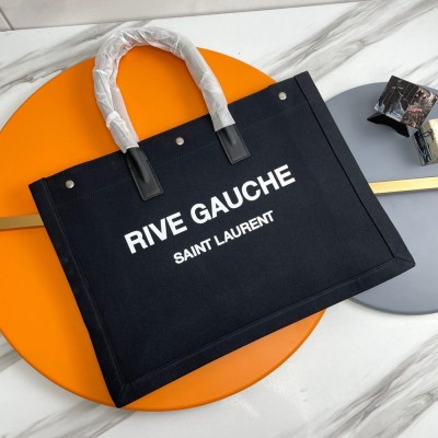 Saint Laurent Rive Gauche Tote Bag in Black Linen and Leather IAMBS242691