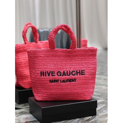 Saint Laurent Rive Gauche Tote Bag in Neon Pink Raffia Crochet IAMBS242693