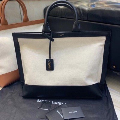 Saint Laurent Tag Shopping Bag In Canvas And Black Leather IAMBS242621