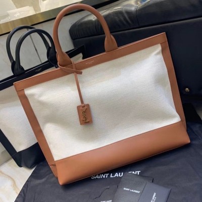 Saint Laurent Tag Shopping Bag In Canvas And Brown Leather IAMBS242622