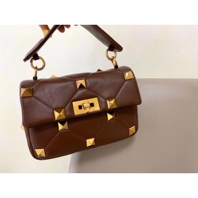 Valentino Medium Roman Stud Chain Bag In Teak Brown Nappa IAMBS242874