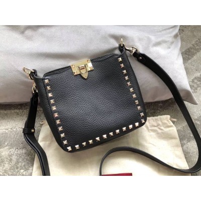 Valentino Mini Rockstud Hobo Bag In Black Grained Leather IAMBS242848