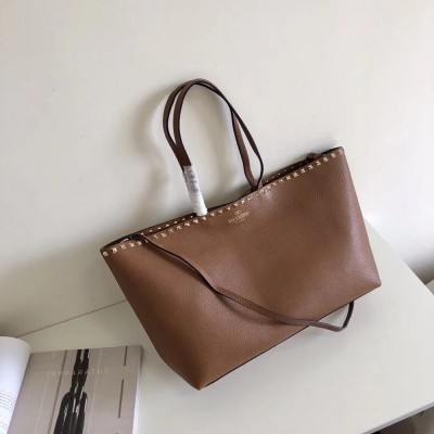 Valentino Rockstud Large Shopping Bag In Brown Leather IAMBS242865