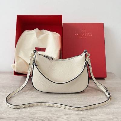 Valentino Rockstud Small Hobo Bag in White Grainy Calfskin IAMBS242819