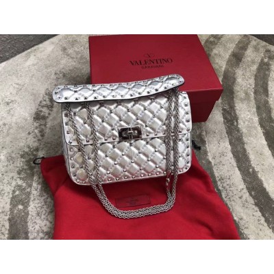 Valentino Rockstud Spike Medium Bag In Silver Metallic Lambskin IAMBS242939