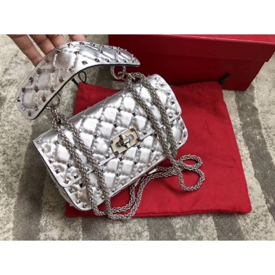 Valentino Rockstud Spike Small Bag In Silver Metallic Lambskin IAMBS242947