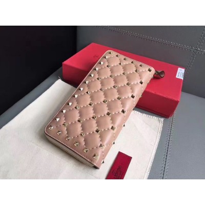 Valentino Rockstud Spike Zip Wallet In Pastel Pink Lambskin IAMBS243018