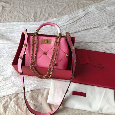 Valentino Small Roman Stud Top Handle Bag In Flamingo Nappa IAMBS242886