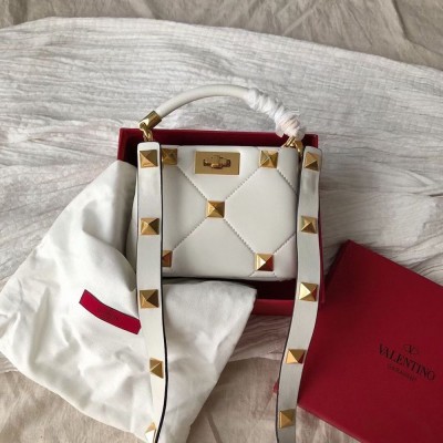 Valentino Small Roman Stud Top Handle Bag In White Nappa IAMBS242888