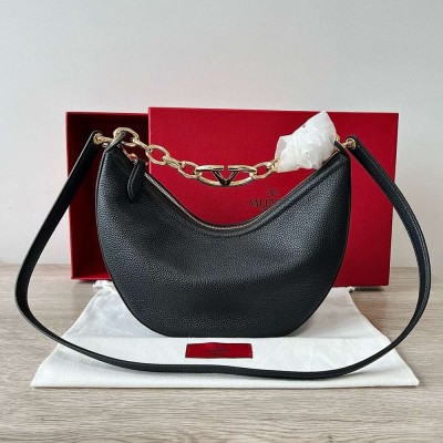 Valentino VLogo Moon Small Hobo Bag with Chain in Black Leather IAMBS242824